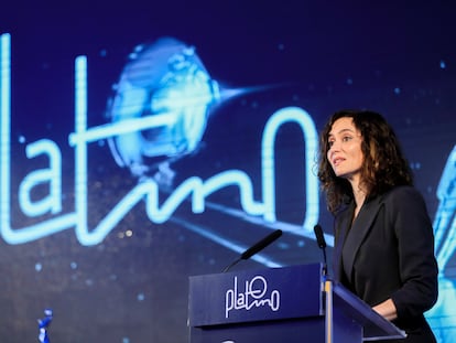 La presidenta de la Comunidad de Madrid, Isabel Díaz Ayuso, durante su intervención en la presentación de la X Edición de los Premios Platino, este viernes en Matadero Madrid.