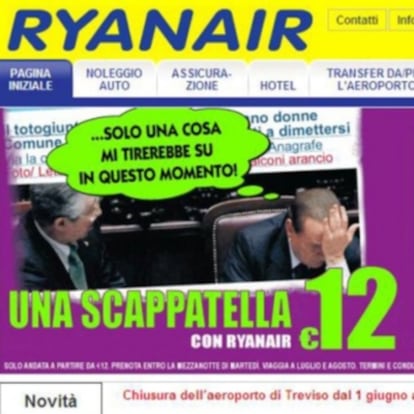 Otro de los anuncios en los que Ryanair ha aprovechado la imagen de Silvio Berlusconi para promocionar sus ofertas.