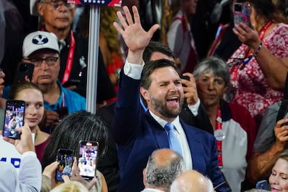 J. D. Vance, este lunes, en la Convención Nacional Republicana, tras ser designado por Donald Trump como su candidato a vicepresidente.
