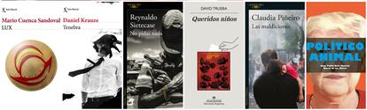 Desde la izquierda, portadas de los libros de Mario Cuenca, Daniel Krauze, Reynaldo Sietecase, David Trueba, Claudia Piñeiro y Juan Pablo Díaz.