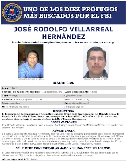 La tarjeta de búsqueda del narcotraficante mexicano José Rodolfo Villarreal Hernández.