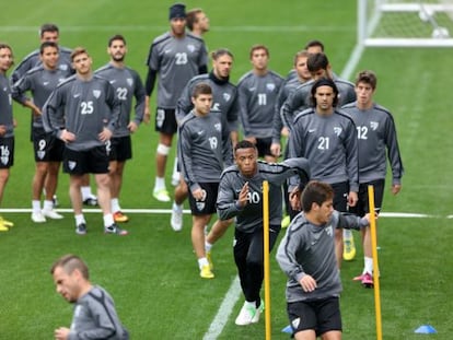 El M&aacute;laga, en el entrenamiento de ayer.