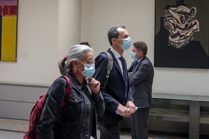 El Ministro de Ciencia e Innovación, Pedro Duque, a su llegada al Senado el 16 de junio.