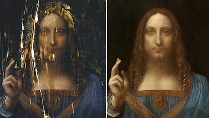 El 'Salvator Mundi' antes de la restauración de 2006 y después de ella.