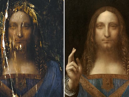 El 'Salvator Mundi' antes de la restauración de 2006 y después de ella.