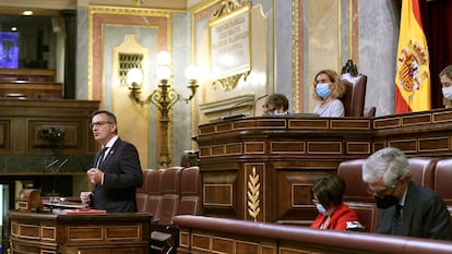 El líder del PSOE de Murcia, Diego Conesa, durante su intervención este martes en el Congreso de los Diputados en defensa del nuevo Estatuto de la región.