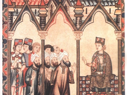 Imagen del rey Alfonso X el Sabio dialogando con unos médicos árabes, perteneciente al libro 'La medicina en al-Andalus'.
