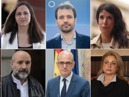 Los integrantes del nuevo Grupo Mixto tras la llegada de José Luis Ábalos. De izquierda a derecha y de arriba abajo: Ábalos (ex PSOE), Ione Belarra, Javier Sánchez Serna, Martina Velarde, Noemí Santana (los cuatro, de Podemos), Néstor Rego (BNG), Alberto Catalán (UPN) y Cristina Valido (CC).