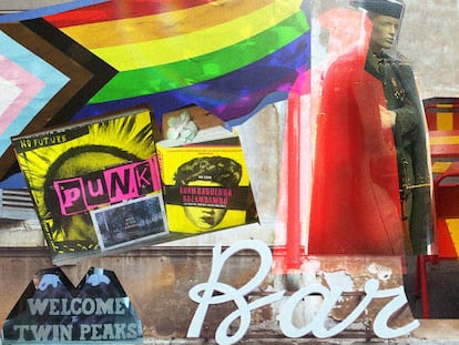 A un lado del 'collage', los libros de punk y los recuerdos de la serie 'Twin Peaks' presentes en el bar Cuarto y mitad. Al otro, la memorabilia franquista y las mesas con la bandera española del bar Los sesenta.