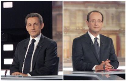 Hollande (derecha) y Sarkozy (izquierda) antes del debate.