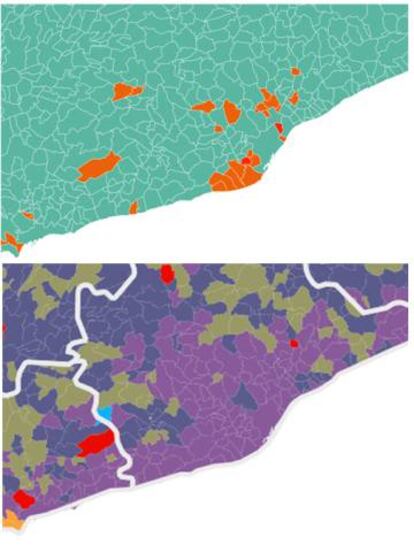 A dalt, resultats a l'àrea de Barcelona el 27-S (el verd és JxSí i el taronja, C's), comparats amb el 20-D, on predomina el lila.