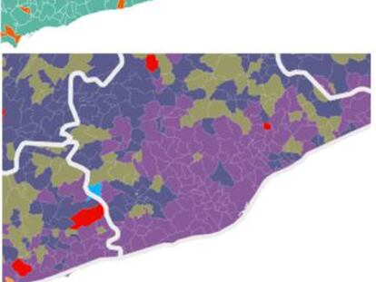 A dalt, resultats a l'àrea de Barcelona el 27-S (el verd és JxSí i el taronja, C's), comparats amb el 20-D, on predomina el lila.