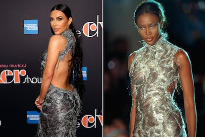 Otra de las invitadas al desfile pre-fall de Versace que decidió tirar de archivo y buscar en el baúl de los recuerdos fue Kim Kardashian. La estrella de la telerrealidad apareció de la mano de Kanye West con un vestido de 1998 que Naomi Campbell presentó sobre la pasarela hace dos décadas.