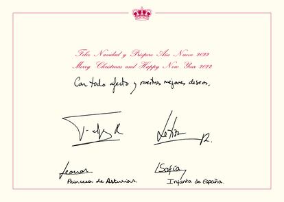 La tarjeta de felicitación que acompaña a la imagen con la que los Reyes felicitan la Navidad de 2021, donde se lee "Con todo afecto y nuestros mejores deseos".