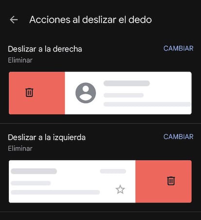 Opciones para deslizar en Gmail