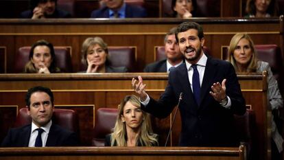 El presidente del PP, Pablo Casado, durante la sesión de investidura de Pedro Sánchez.