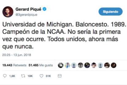 El tuit de Piqué ha sido compartido 19.000 veces y ha recibido 51.000 'me gusta'.