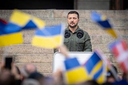 Ukrainian President Volodymyr Zelenskiy speaks in front of the Danish Parliament in Copenhagen, Denmark, on August 21, 2023.