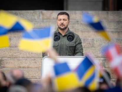 Ukrainian President Volodymyr Zelenskiy speaks in front of the Danish Parliament in Copenhagen, Denmark, on August 21, 2023.