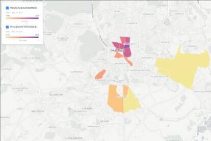 Interactúa con el mapa de Madrid, pasa el puntero por cada barrio y verás la información asociada a esa zona.