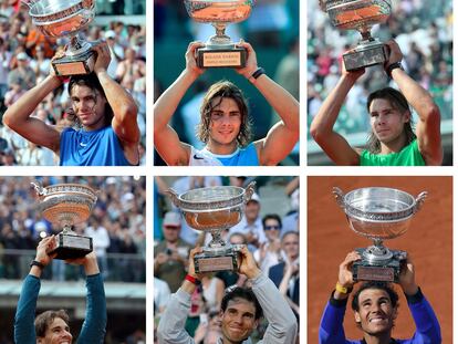 This combination of pictures created on October 11, 2020 shows Spain's Rafael Nadal posing with the  Mousquetaires Cup (The Musketeers) during his thirteen victories in the men's French Tennis Open at the Roland Garros stadium. Nadal poses with his trophies (From top L to bottom R) on June 5, 2005; on June 11, 2006; on June 10, 2007; on June 8, 2008; on June 6, 2010; on June 5, 2011; on June 11, 2012; on June 9, 2013; on June 8, 2014 and on June 11, 2017, on June 10, 2018, June 9, 2019 and October 11, 2020. (Photo by - / AFP)