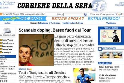 El italiano Corriere della Sera abre su versión digital con el escándalo del doping y el campeón italiano Basso, uno de los supuestos ciclistas implicados.