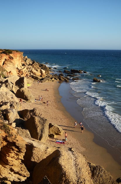 Hasta nueve calas a los pies del talud se reparten por este litoral a salvo de los embates del levante y desde donde se paladean a gusto los azules del Atlántico. Para acceder a las calas sin construcciones a sus espaldas existen tres pasarelas que flanquean la flora de enebro marino, casi extinto en la costa. A unos 200 metros del faro crecen ejemplares centenarios. La rectilínea cala del Tío Juan de Medina (en la foto) tiene una escalinata que permite escrutar los rojizos cantiles que las olas descarnan a ojos vista y cuyas tonalidades arcillosas se encienden al atardecer. Y es que en Roche siempre hay que esperar el final del día. Le sigue Los Enebros, o Princesa Alejandra, y el Pato, describiendo un semicírculo. El Frailecillo mantiene bastante arena en pleamar. Urbanizada se muestra la cala más ancha de todas, el Áspero. El restaurante Venta Cabo Roche (caboroche.com) interesa por sus pescados. <p><b>Acceso:</b> el faro del cabo de Roche, a 7 kilómetros del centro de Conil, es el punto de inicio de las calas.</p>