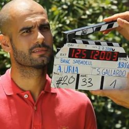 Josep Guardiola, presidente del FC Barcelona, durante la grabación del último anuncio para Banco Sabadell