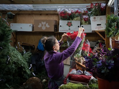 Una mujer preparaba el día 9 flores de Pascua para su venta en el mercado navideño de la Fira de Santa Llúcia, en Barcelona.