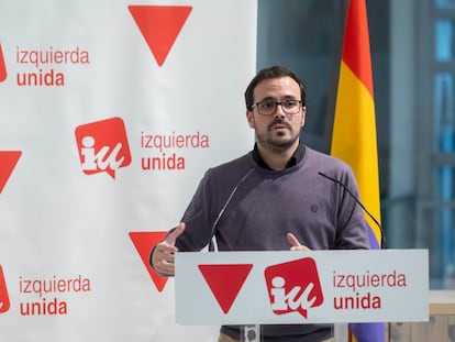 El exministro de Consumo, Alberto Garzón, interviene para despedirse de la formación, durante una reunión de la Coordinadora Federal de IU, este viernes en Madrid.