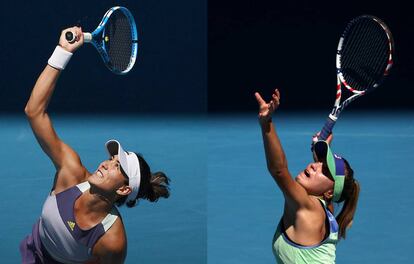 Muguruza y Kenin sirven durante partidos previos en Melbourne.