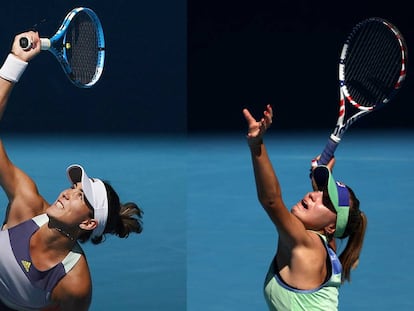 Muguruza y Kenin sirven durante partidos previos en Melbourne.