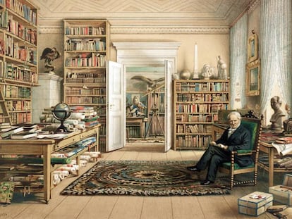 ilustraci&oacute;n de la biblioteca de Humboldt en su piso de Berl&iacute;n.