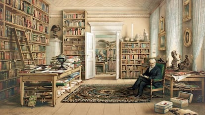 ilustraci&oacute;n de la biblioteca de Humboldt en su piso de Berl&iacute;n.