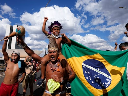 Indigenous people demonstrate against the Bolsonaro government, in Brasilia, in September 2021.