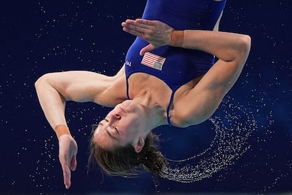La estadounidense Bayleigh Cranford durante la finals de platafomra 10 metros en el Mundial de Deportes Acuáticos Singapur 2025, este jueves.