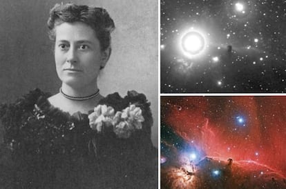 Williamina Fleming hacia 1890 junto al sector de la placa, de 1888, en la que por primera vez identificó la nebulosa Cabeza de Caballo. Abajo, una toma reciente del mismo campo