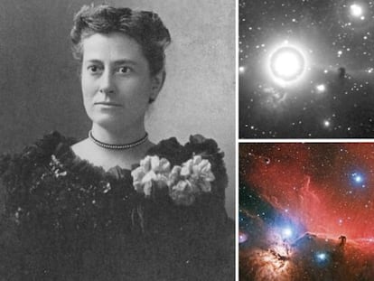 Williamina Fleming hacia 1890 junto al sector de la placa, de 1888, en la que por primera vez identificó la nebulosa Cabeza de Caballo. Abajo, una toma reciente del mismo campo
