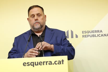 El presidente de ERC, Oriol Junqueras, durante una rueda de prensa, en la sede de ERC ayer en Barcelona.