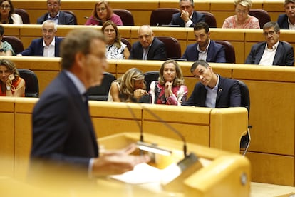 En primer término, el líder del PP, Alberto Núñez Feijóo, durante su intervención en el Senado.