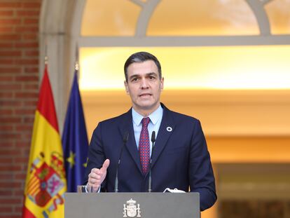 El presidente del Gobierno, Pedro Sánchez, comparece este martes en la Moncloa.