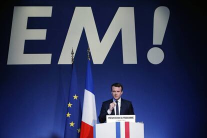 El líder de En Marche!, Emmanuel Macron, durante un mitin el 2 de marzo en París.