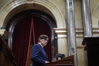 El presidente de la Generalitat, Salvador Illa, en el pleno sobre infraestructuras de este martes.