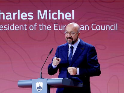 In this photo provided by the Slovenian Government, European Council President Charles Michel speaks during the Bled Strategic Forum 2023 at the Bled Festival Hall in Bled, Slovenia, on Aug. 28, 2023.