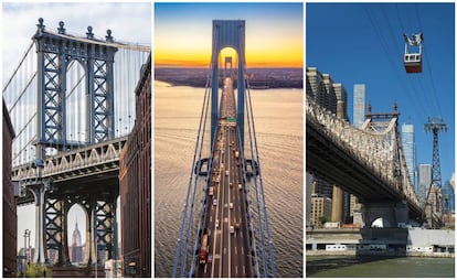 De izquierda a derecha, el Manhattan Bridge, vista aérea del puente Verrazano-Narrows y el teleférico junto al Queensboro Bridge, en Nueva York.