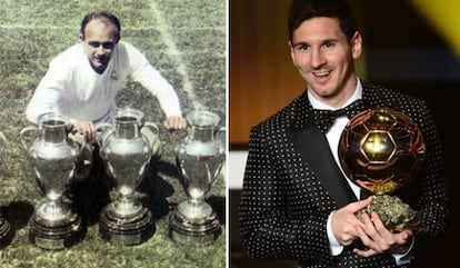 Di Stéfano y Messi posan con algunos de sus trofeos.