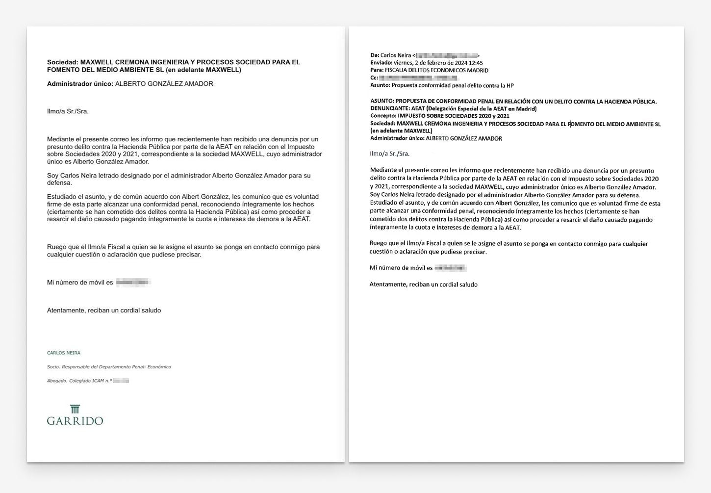 El escrito del abogado de González Amador al fiscal, a la izquierda con formato, y a la derecha sin saltos de párrafo y con otra tipografía.