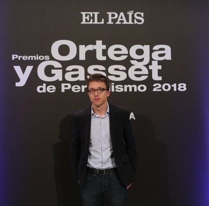 Íñigo Errejón, secretario de Análisis Estratégico y Cambio Político de Podemos y diputado por Madrid, a su llegada a los premios Ortega y Gasset.