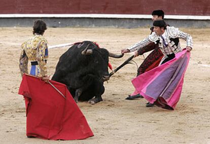 Curro Díaz, de espaldas y frente al toro, en Las Ventas.