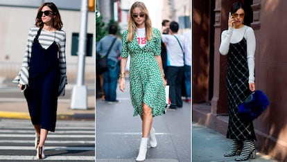 Look por capas: recicla el vestido veraniego

Una forma fácil (y barata) de pasar de los estilismos estivales al entretiempo es colocar una camiseta de manga larga debajo de un vestido de tirantes. Las influencias noventeras que rigen las tendencias acogen esta opción con especial aprobación. Los botines serán el broche perfecto del look.